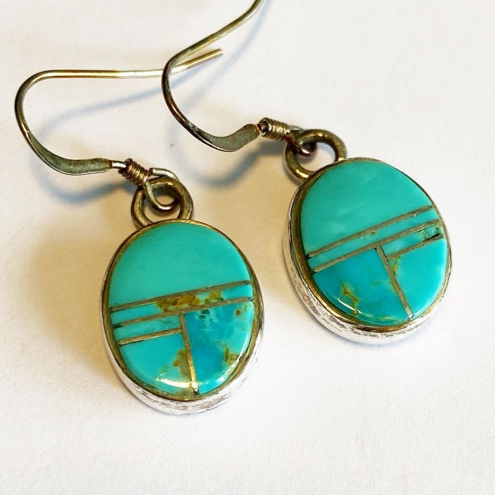 Navajo Turquoise inlay Sterling Silver hand crafted oval dangle earrings